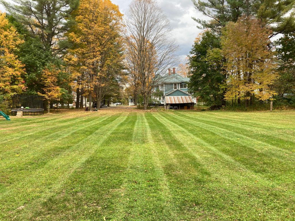 A cozy home nestled amidst a wooded area, with trees showcasing their vibrant fall foliage colors. The house is partially hidden by the lush trees, and the lawn in front of the house is freshly mown, adding a crisp touch to the autumn scene. The image captures the beauty of nature's seasonal transition, with the warm hues of the foliage and the well-groomed lawn providing a picturesque setting for the home."